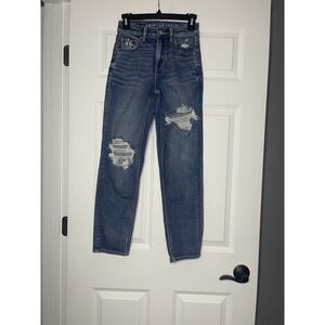 American Eagle Stretch Mom Straight Denim Jeans 00 Distressed Blue